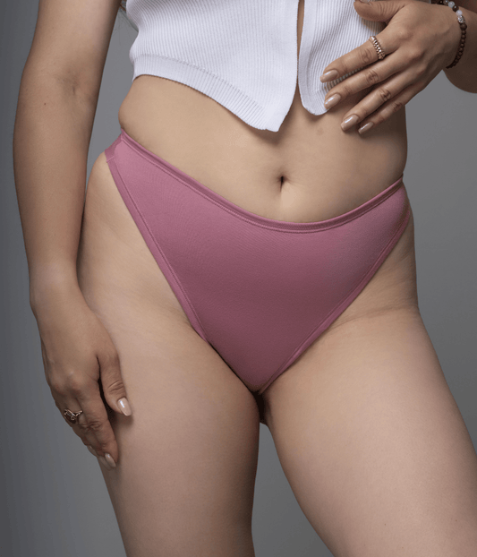 classic thong front photo on model in the color mauve pink