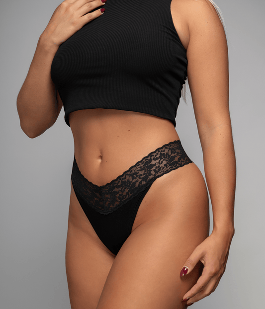 lace thong front photo on model in the color black